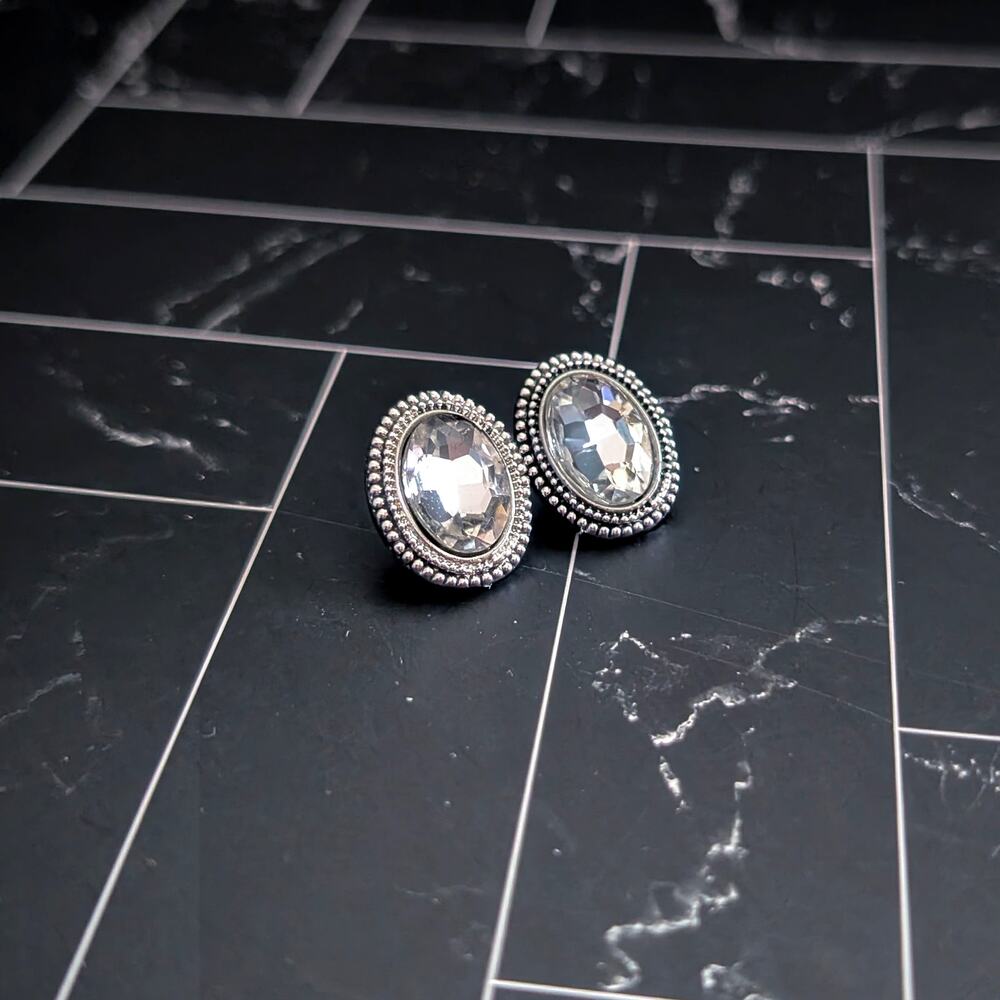 Vintage Stud Earrings Clear Gem Oval with Silver Tone Halo - Picture 2 of 7